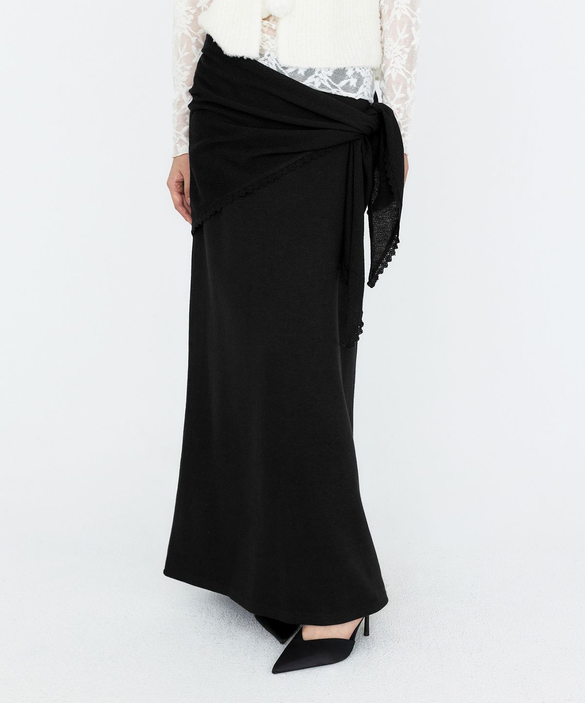 몽돌(MONGDOL) [SET] 울 블렌드 스카프 레이어드 롱 스커트 블랙 MDSK041BLACK