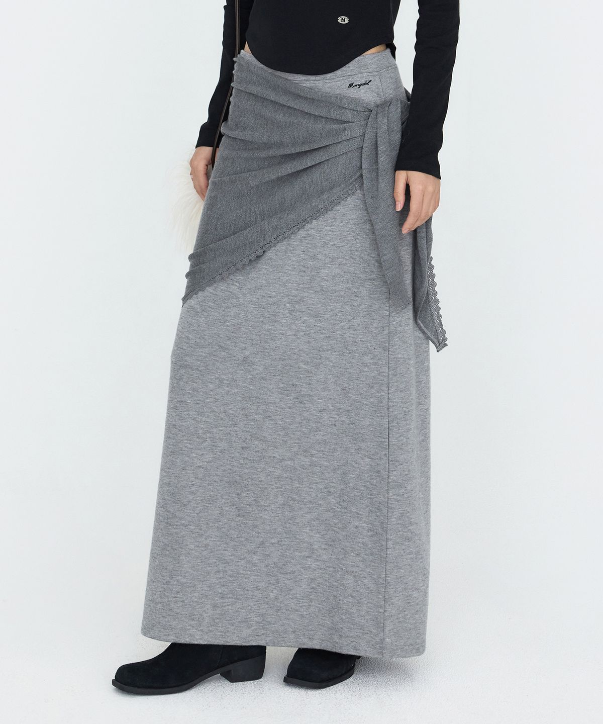 몽돌(MONGDOL) [SET] 울 블렌드 스카프 레이어드 롱 스커트 그레이 MDSK041GRAY