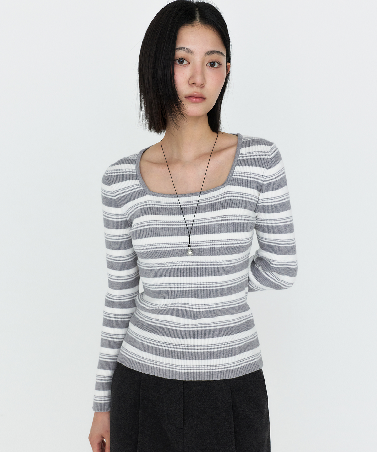 몽돌(MONGDOL) 스트라이프 스퀘어넥 골지 니트 MDKT163_3 Colors
