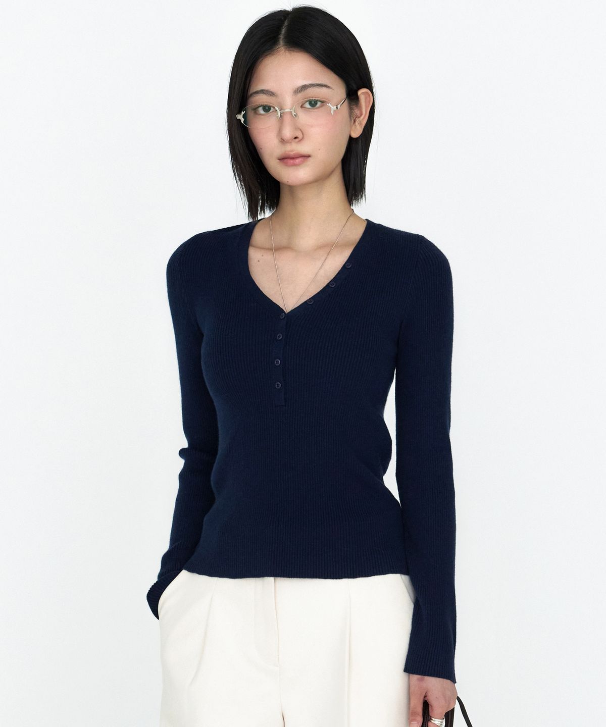 몽돌(MONGDOL) 헨리 브이넥 골지 니트 탑 MDKT130_4 Colors