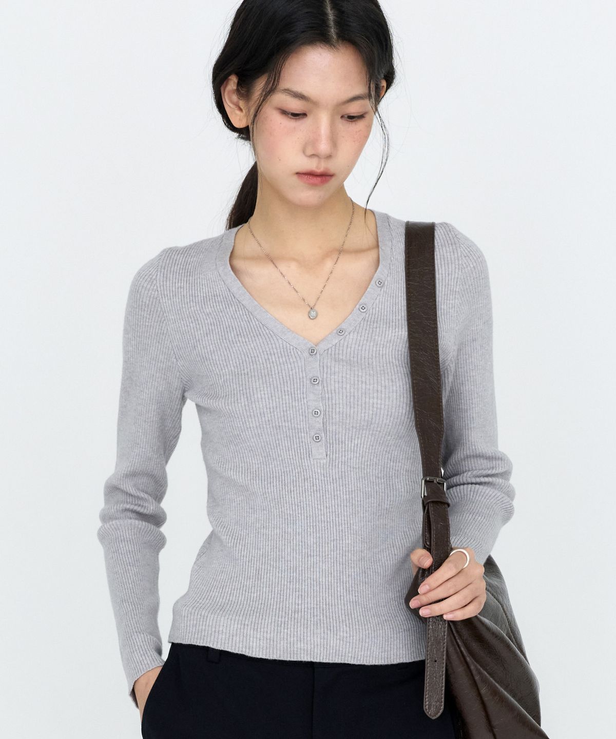 몽돌(MONGDOL) 헨리 브이넥 골지 니트 탑 MDKT130_4 Colors