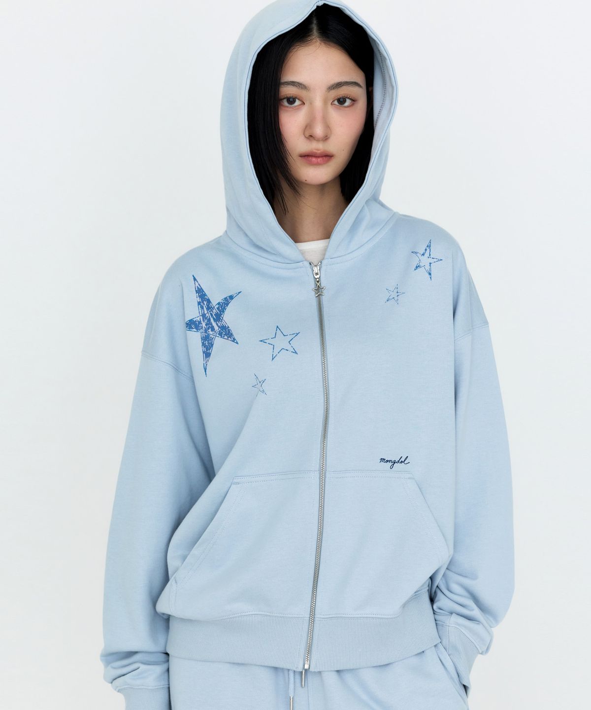 몽돌(MONGDOL) 별 그래픽 후드 집업 스카이블루 MDTS102SKYBLUE