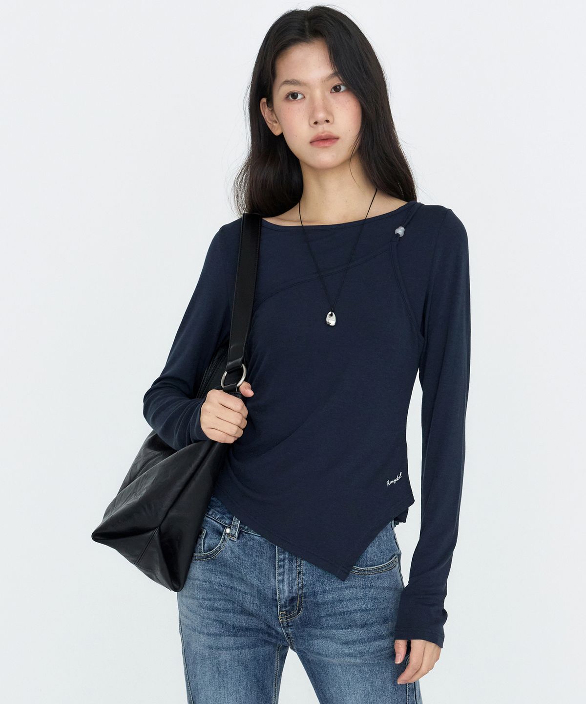 몽돌(MONGDOL) [SET] 원숄더 슬리브리스 레이어드 티셔츠 네이비 MDTS107NAVY