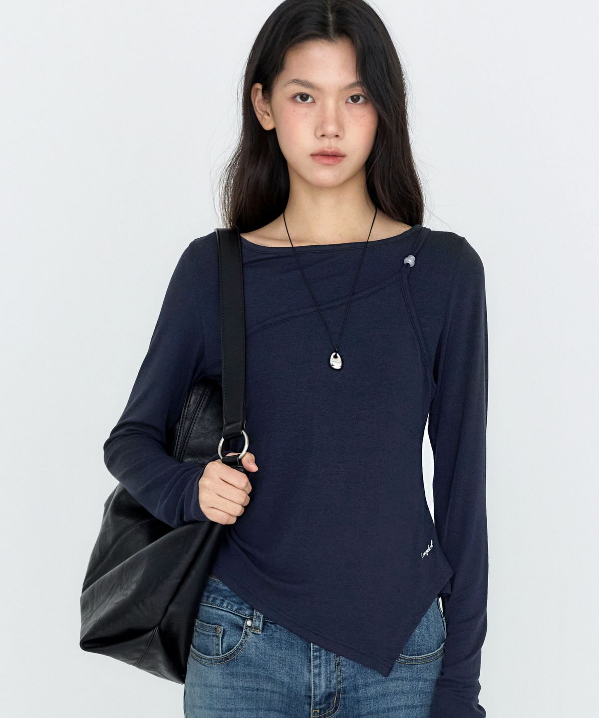 몽돌(MONGDOL) [SET] 원숄더 슬리브리스 레이어드 티셔츠 네이비 MDTS107NAVY