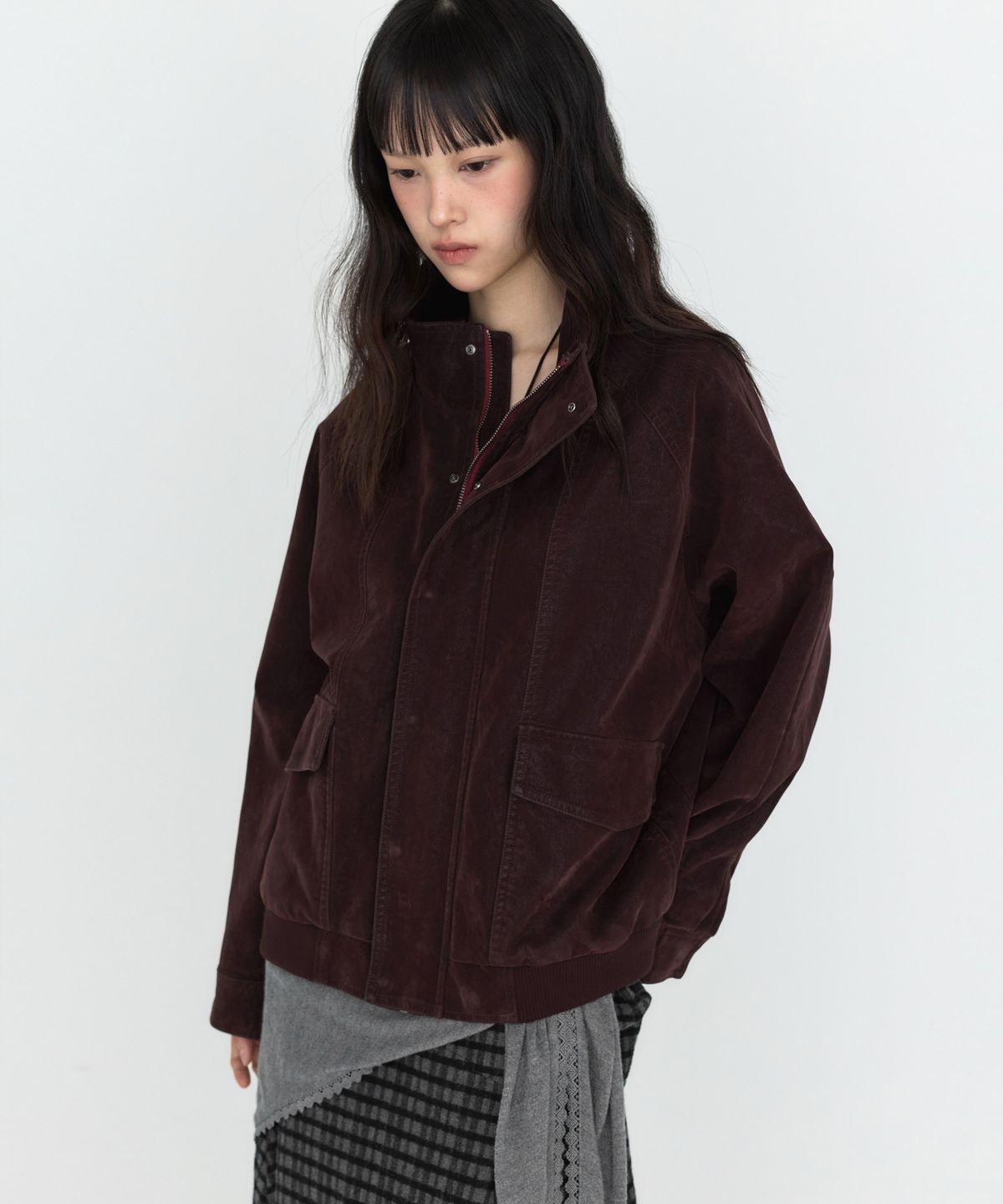 몽돌(MONGDOL) 하이넥 워싱 레더 블루종 자켓 버건디 MDJK051BURGUNDY