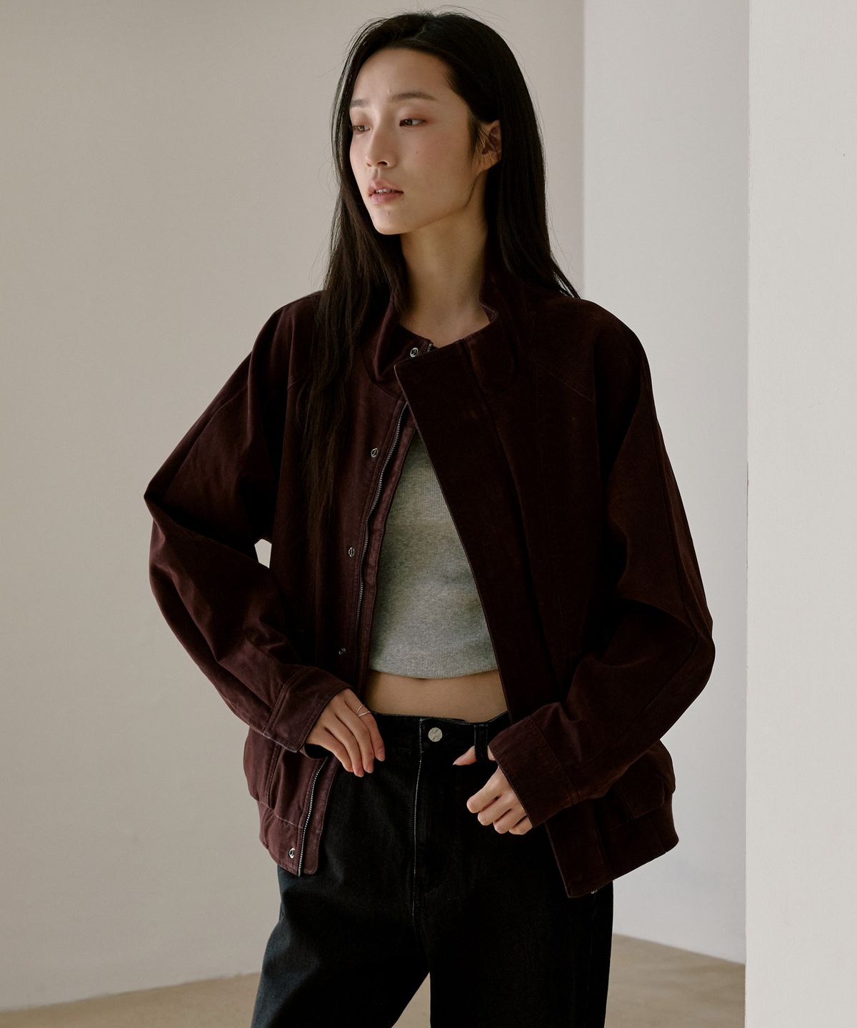 몽돌(MONGDOL) 하이넥 워싱 레더 블루종 자켓 버건디 MDJK051BURGUNDY