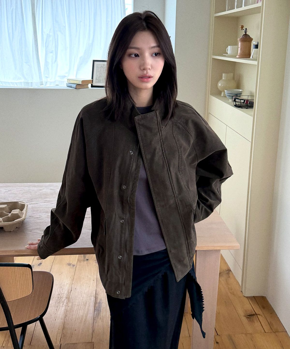 몽돌(MONGDOL) 하이넥 워싱 레더 블루종 자켓 카키 MDJK051KHAKI