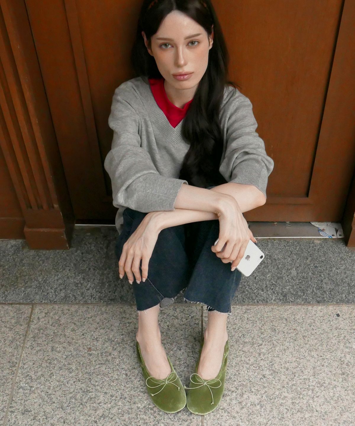누앙스몽(NUANCEMONG) Mellow velvet flat - Olive green