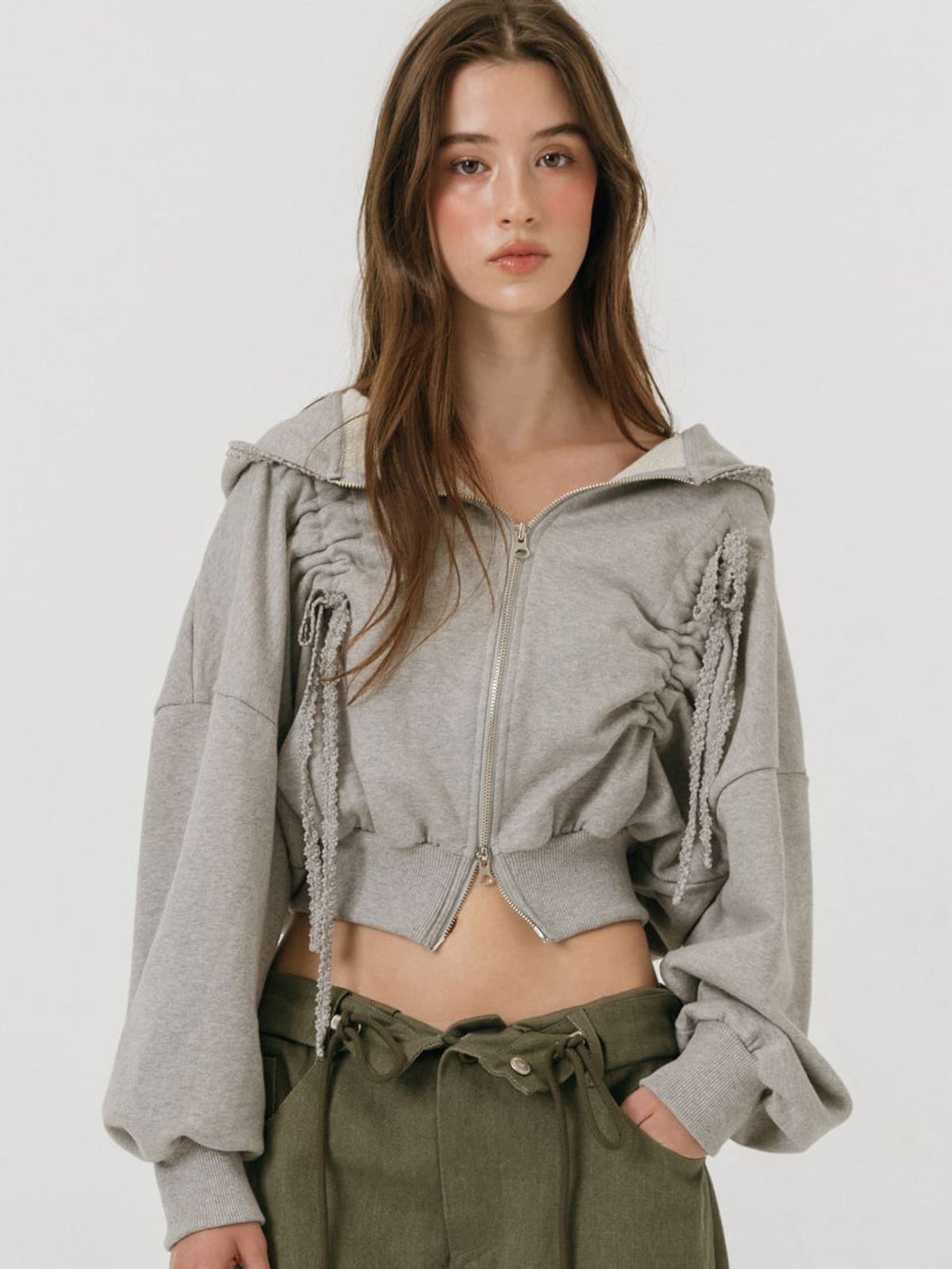 모이페어(MOIFAIRE) LACE STRING HOODIE ZIP-UP / GREY