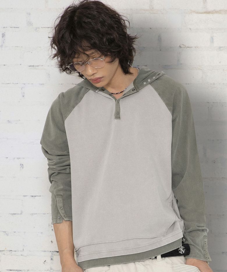 XTT170 래글런 헨리넥 워싱 크롭 후디 (KHAKI)