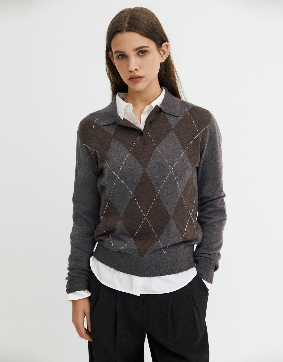 지오다노(GIORDANO) 14gg 메리노울 혼방 폴로넥 긴팔 아가일 니트 스웨터 356933 [2color]
