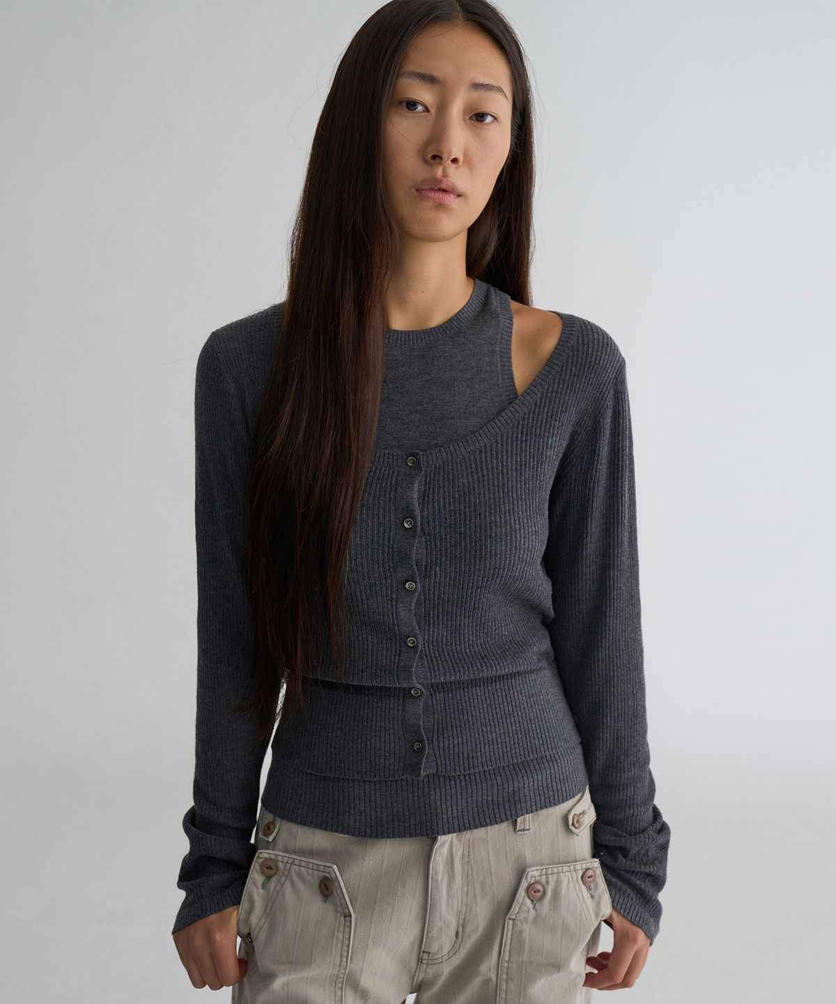 웰빙익스프레스(WELLBEING EXPRESS) Layered Cardigan Set Charcoal