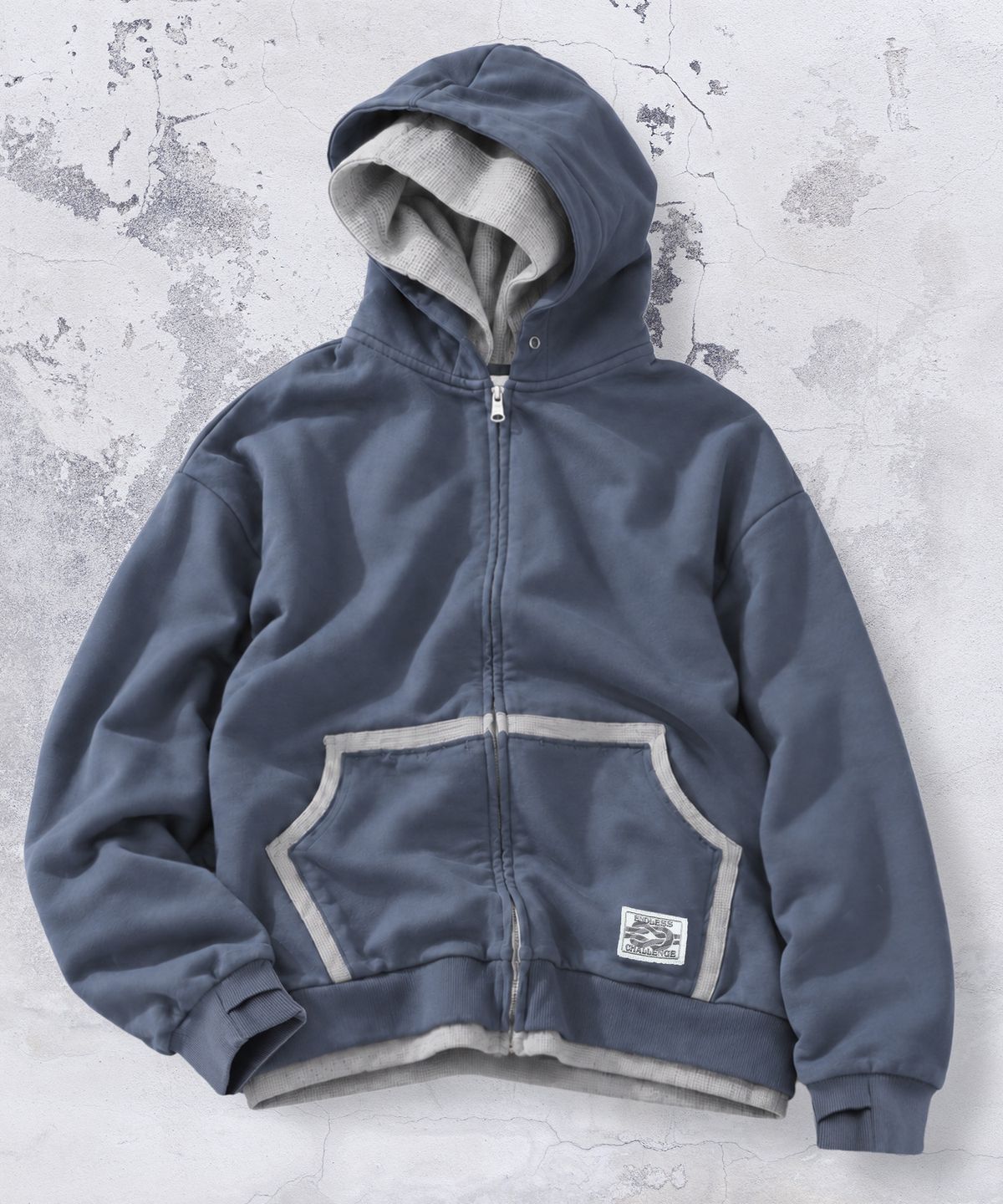 엑스톤즈(XTONZ) XTT169 핑거홀 와플 레이어드 크롭 후드 집업 (NAVY)