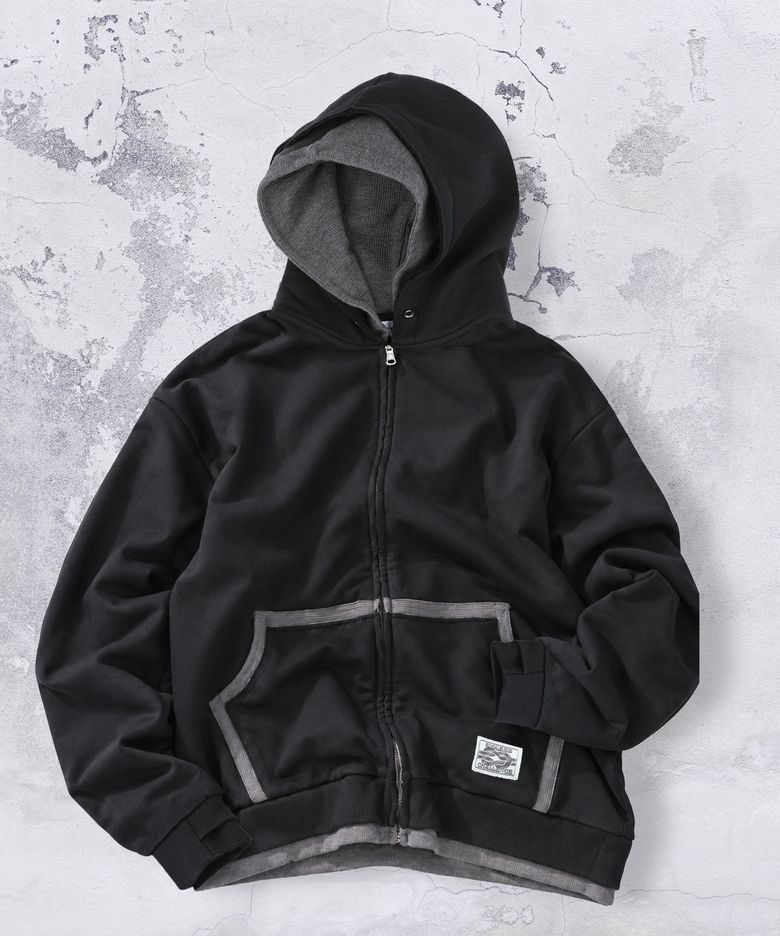 XTT169 핑거홀 와플 레이어드 크롭 후드 집업 (BLACK)
