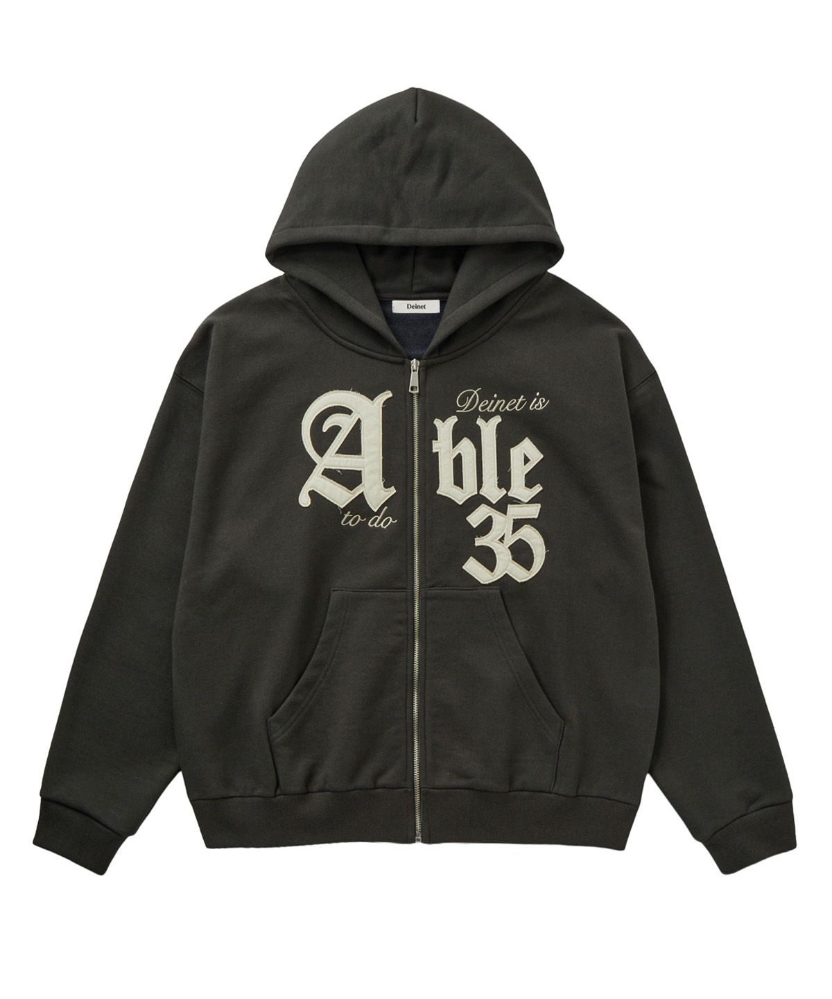 다이닛(DEINET) APPLIQUE ABLE OVERSIZE HOOD ZIP UP IN CHARCOAL