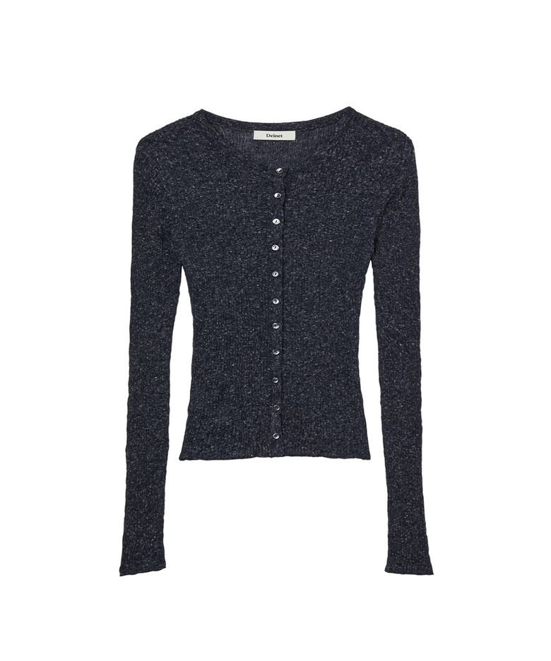 BUTTON POINT PLEATS CARDIGAN IN CHARCOAL