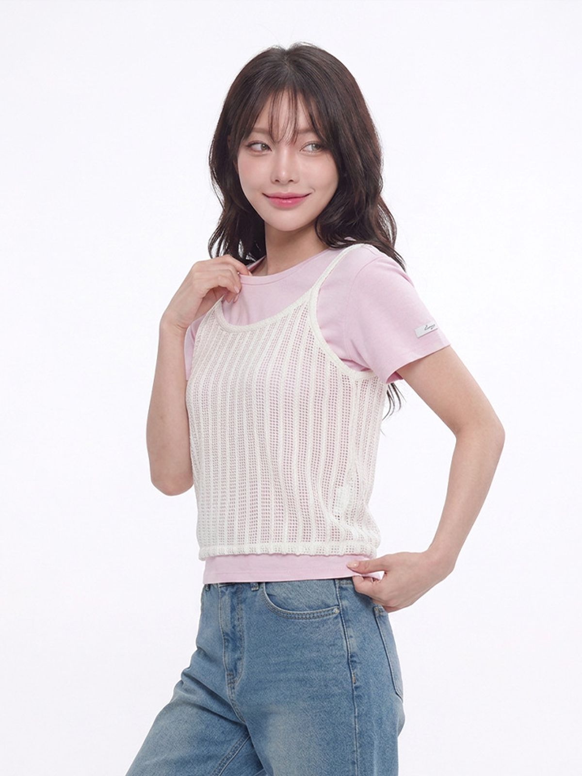 행텐(HANGTEN) 여성 레이어드 크로셰 반팔 티셔츠_501(10580-131-612-69)