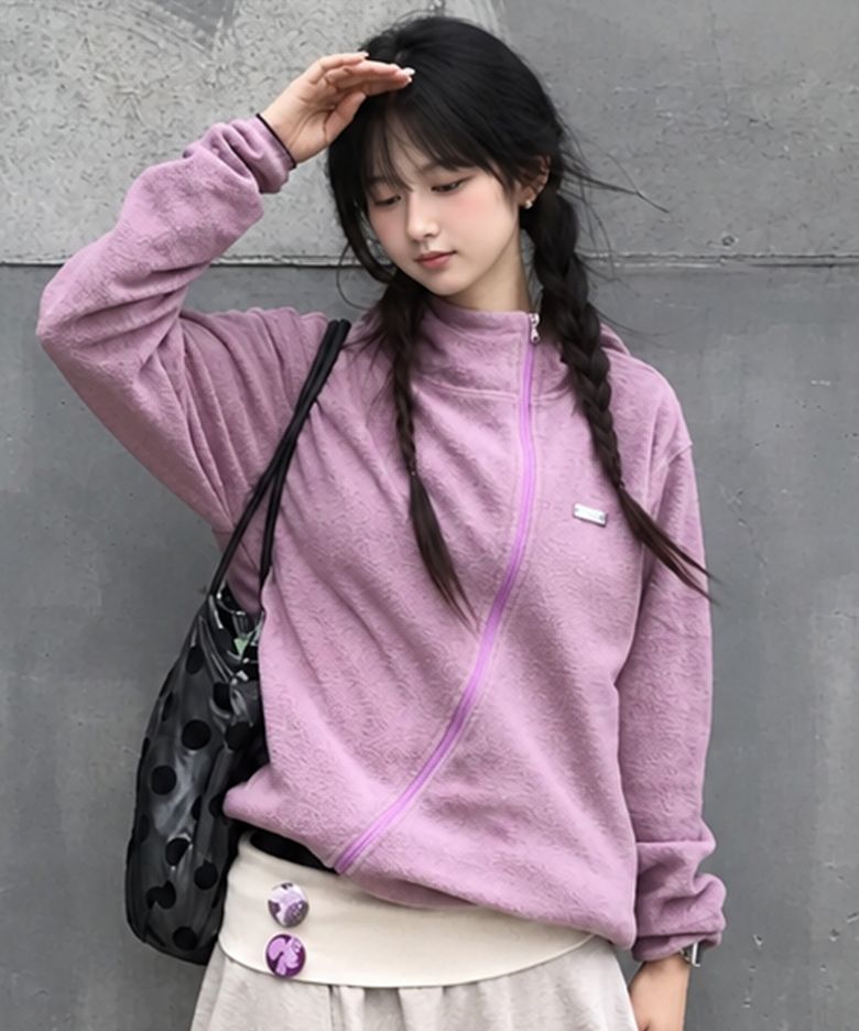 XJ148 커브드 지퍼 라이트 플리스 후드 집업 (LAVENDER)