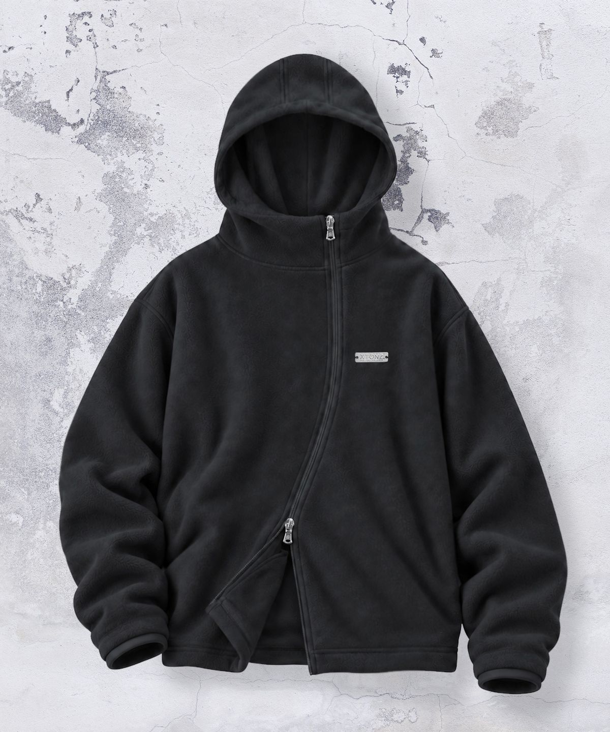 엑스톤즈(XTONZ) XJ148 커브드 지퍼 라이트 플리스 후드 집업 (BLACK)