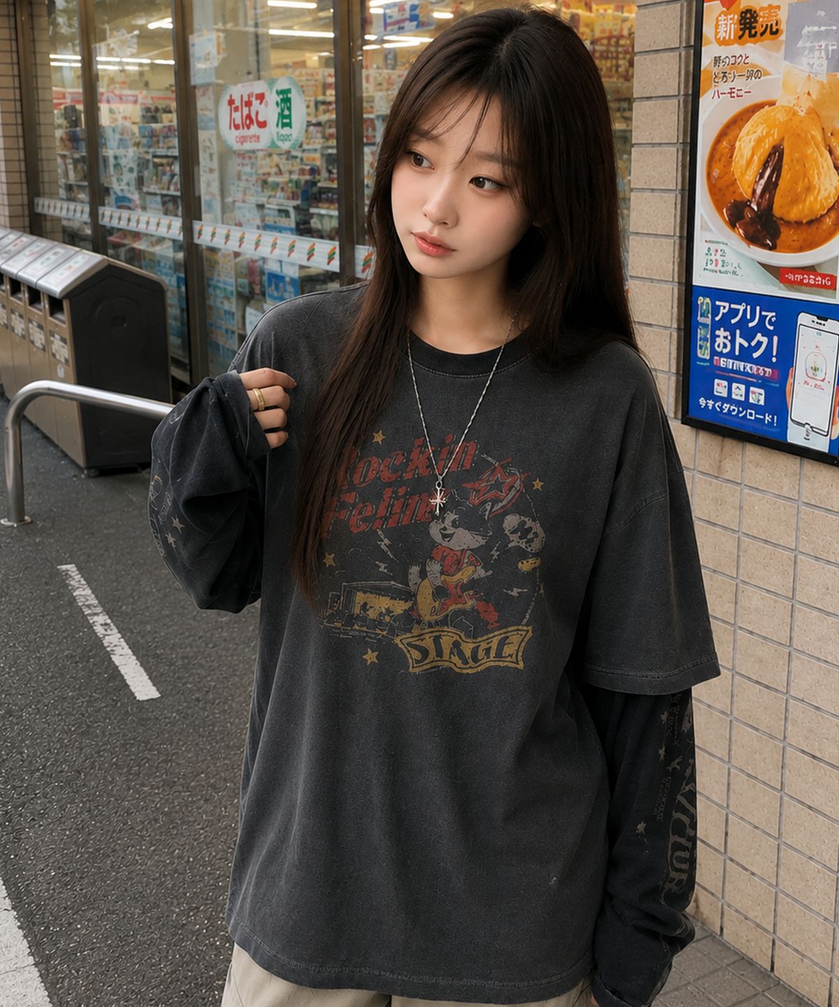 꼼파뇨(CPGN STUDIO) 락스타 캣 레이어드 피그먼트 롱슬리브 스모크블랙