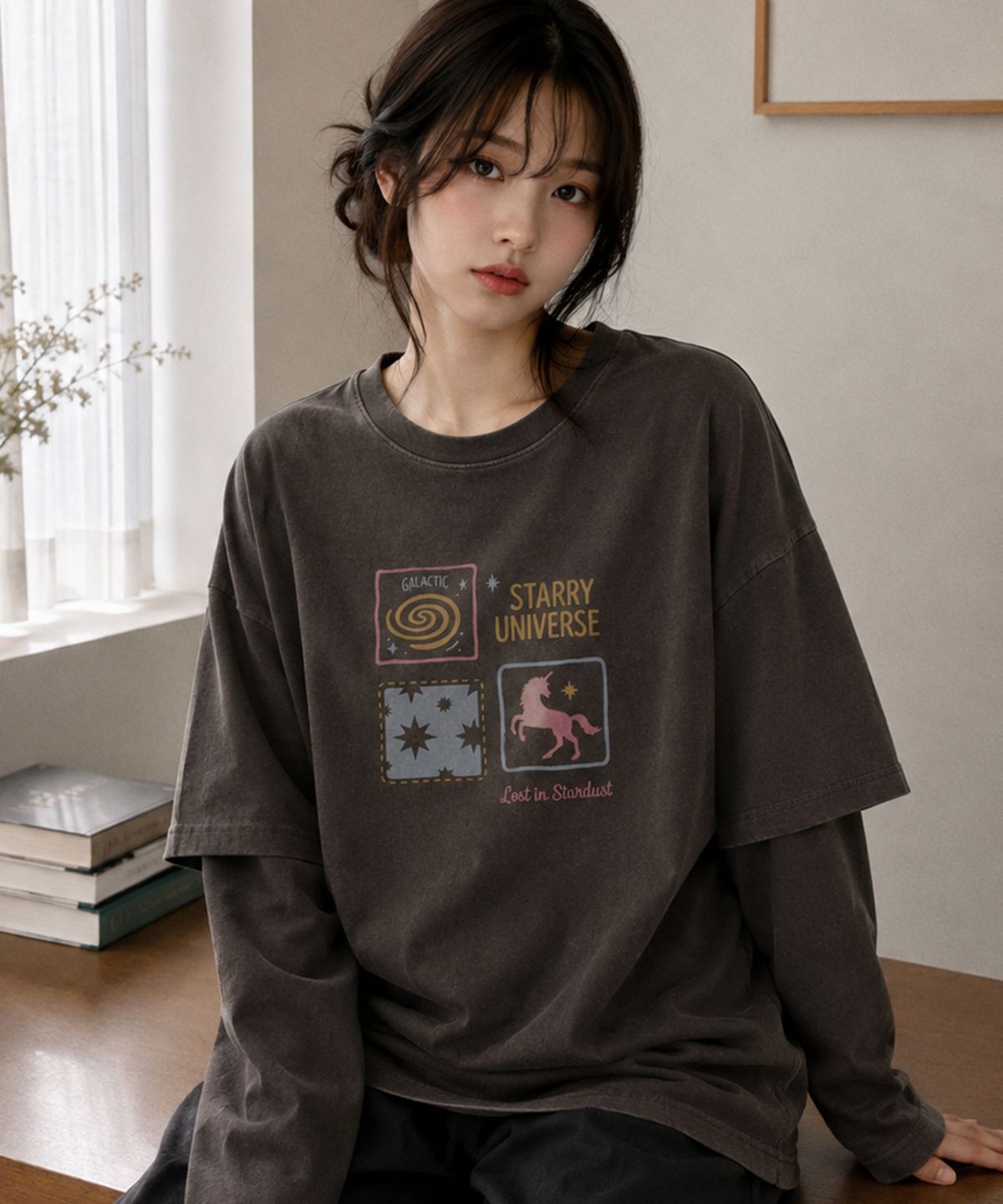 꼼파뇨(CPGN STUDIO) 유니 스타 레이어드 피그먼트 롱슬리브 브라운