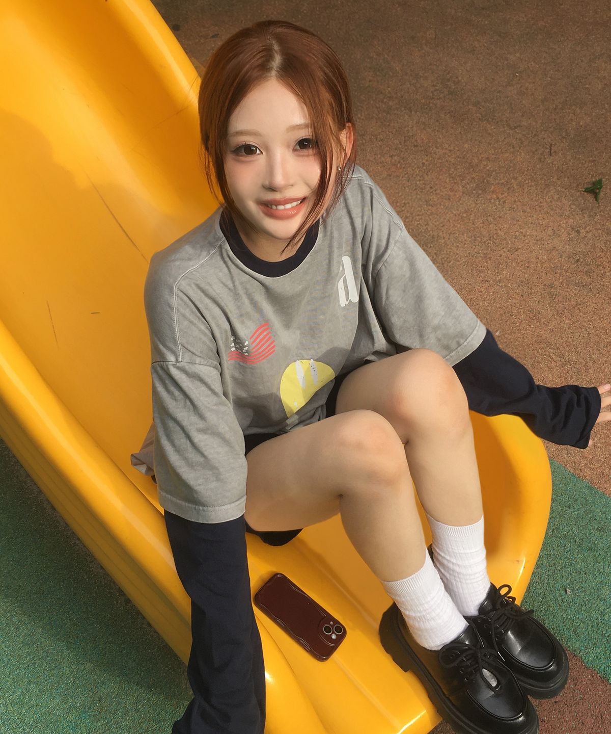 꼼파뇨(CPGN STUDIO) 스마일 레이어드 롱슬리브 고스트그레이