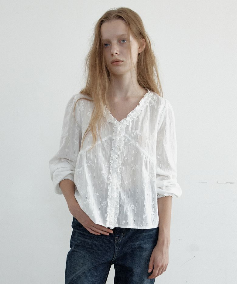 Cross Ruffle V-Neck Blouse (Ivory)