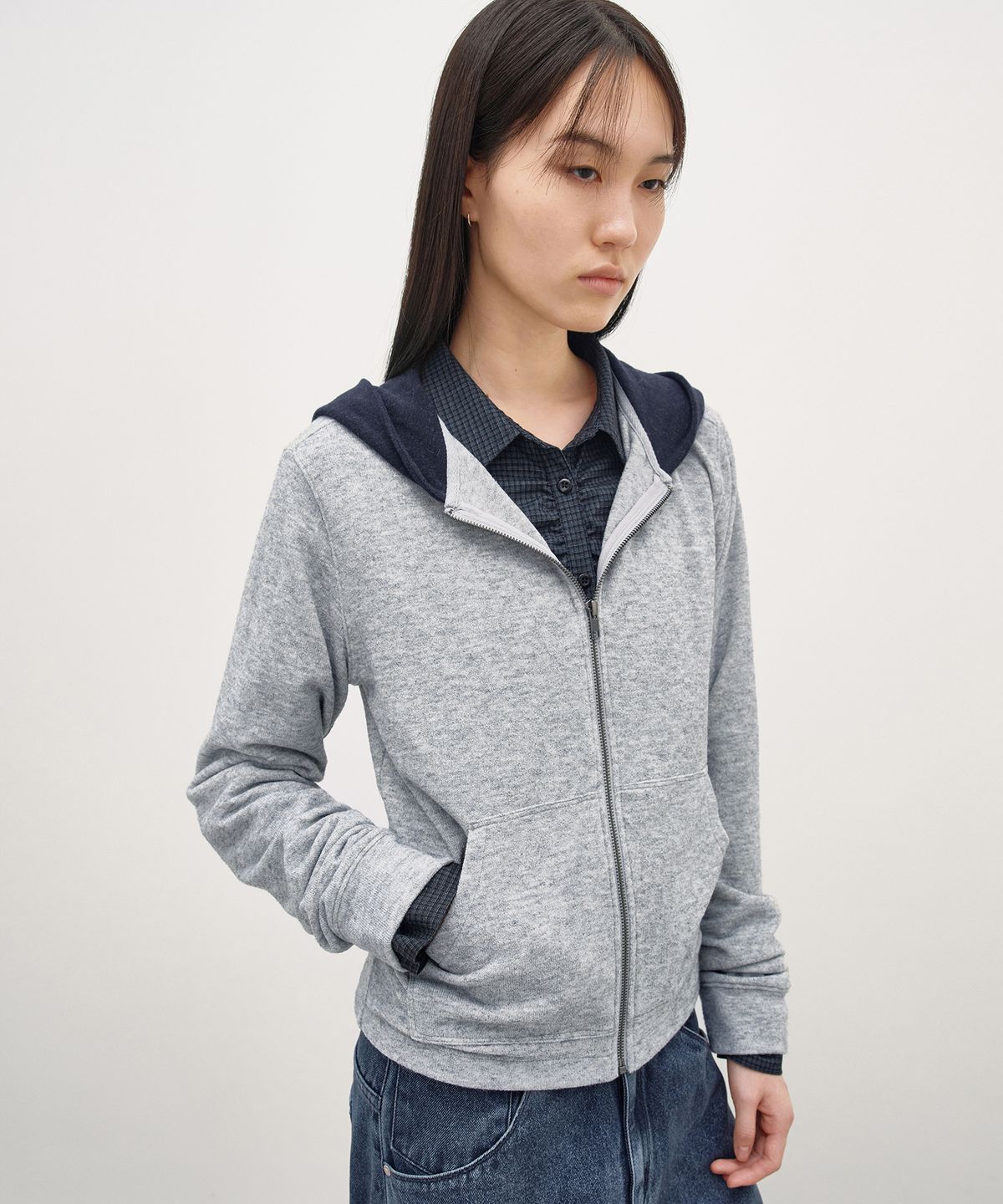 인사일런스 우먼(INSILENCE WOMEN) 니트라이크 후드 집업 MELANGE GREY