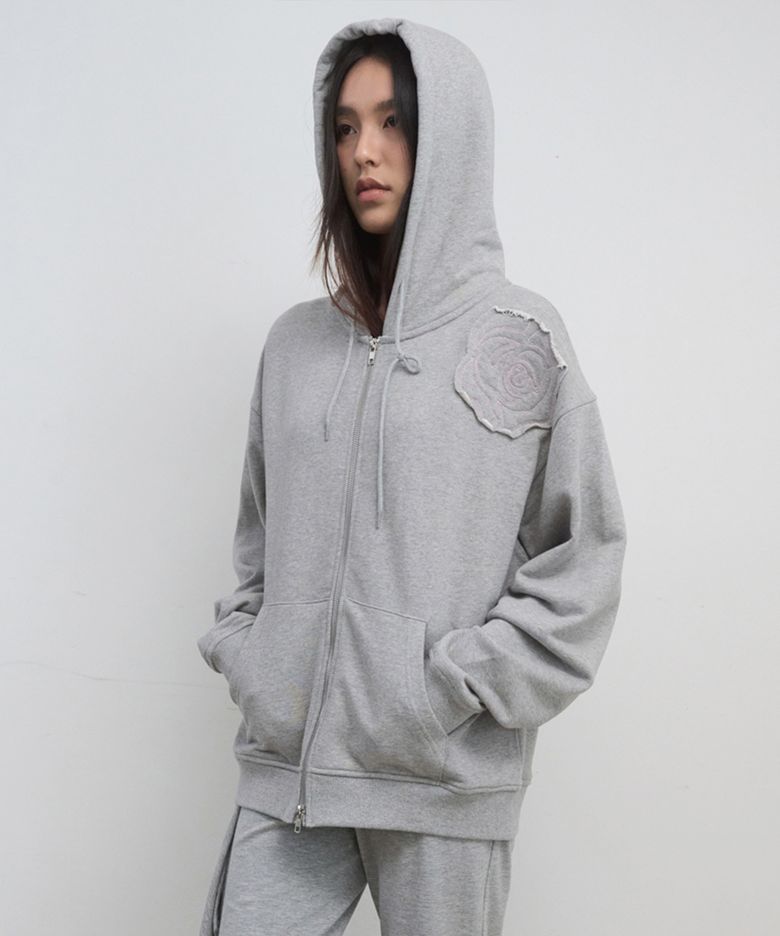 ROSE APPLIQUE ZIP-UP HOODIE_MELANGE