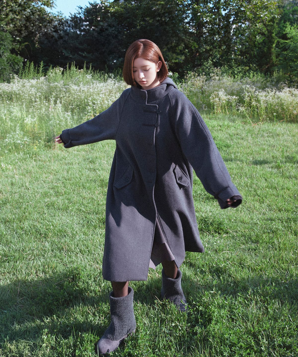 미세키서울(MISEKI SEOUL) Asymmetric hoodie long duffle coat CHARCOAL