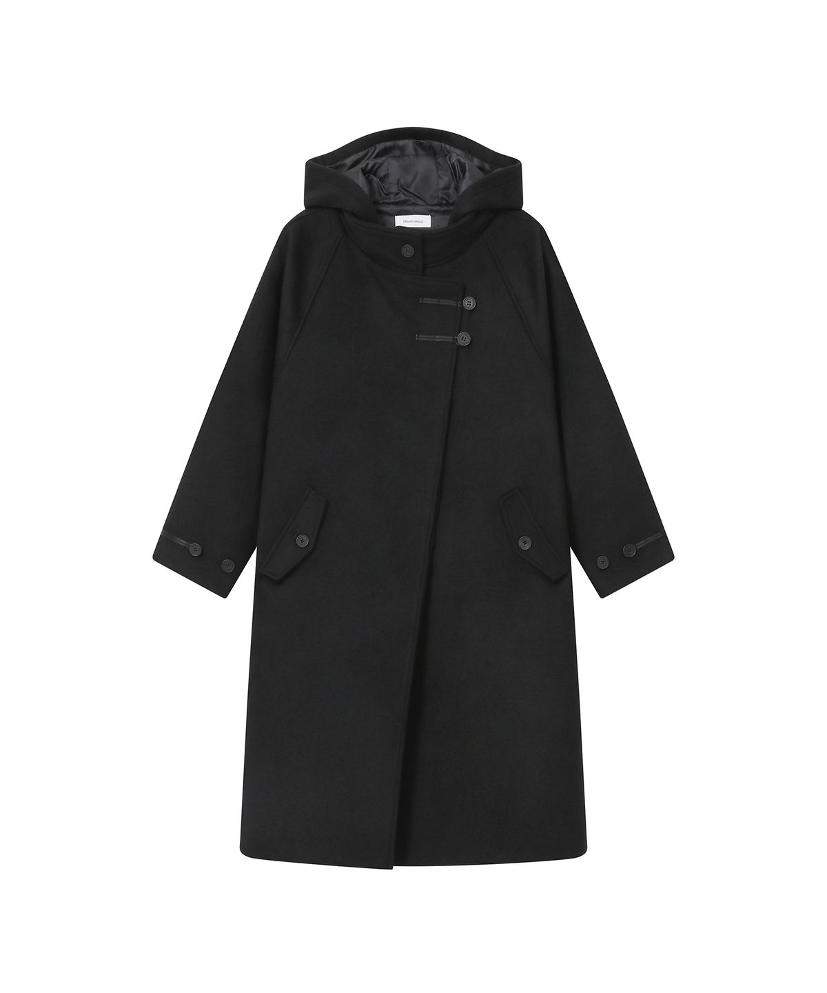 미세키서울(MISEKI SEOUL) Asymmetric hoodie long duffle coat BLACK