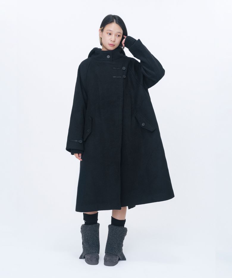 Asymmetric hoodie long duffle coat BLACK