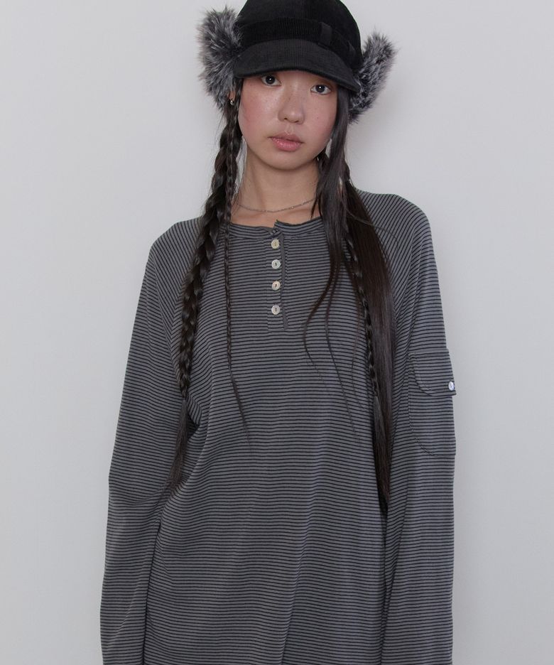Raglan Henley Pocket Top [Black]