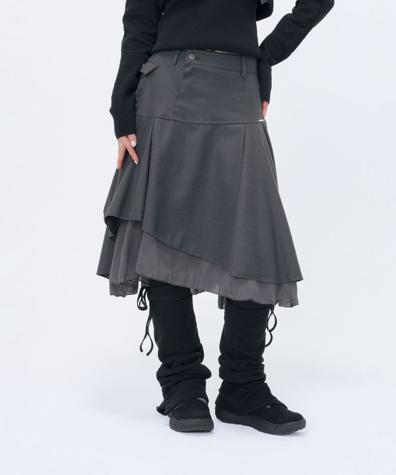 Layered yoke flare midi skirt CHARCOAL