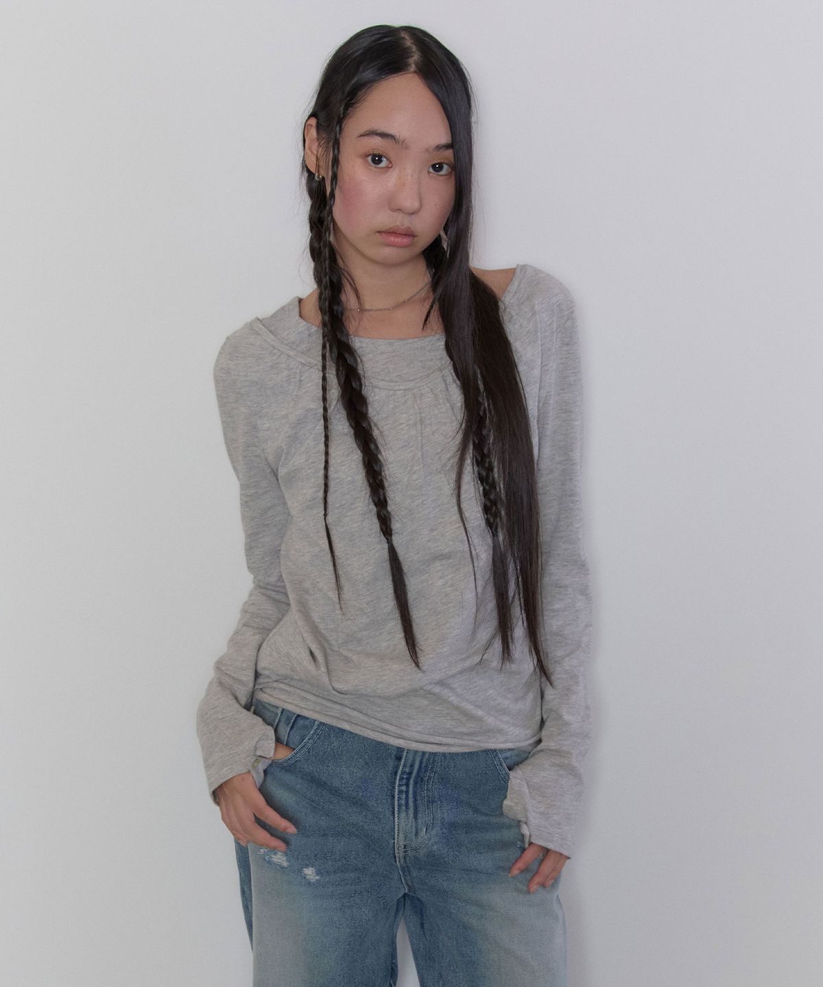 타입서비스(TYPESERVICE) Soft Shirring Layered Top [Gray]