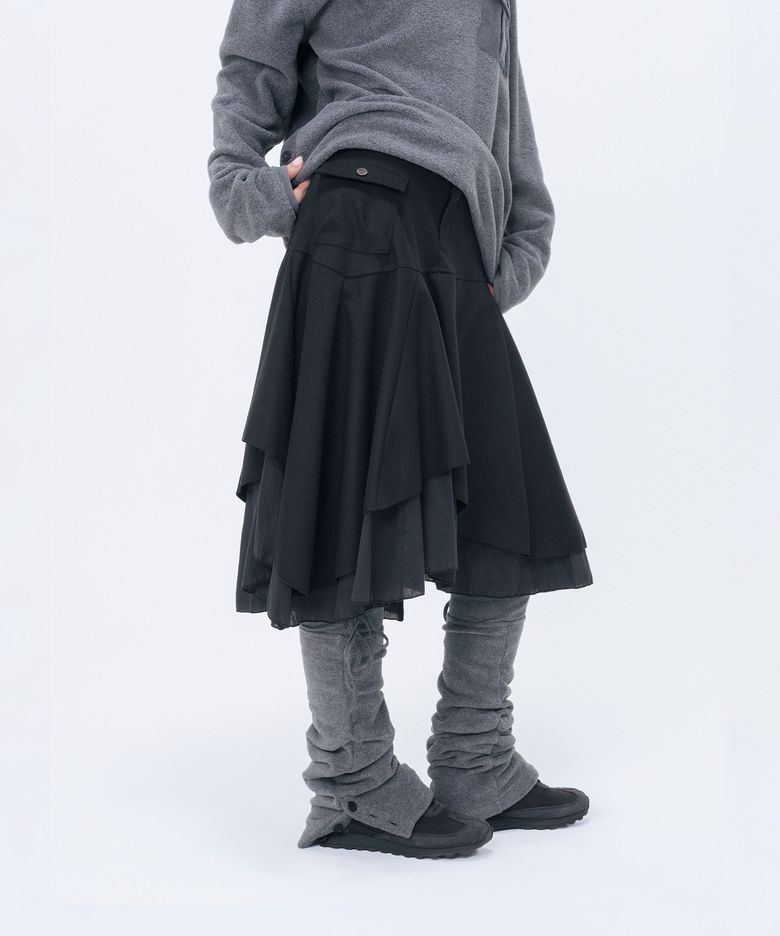 Layered yoke flare midi skirt BLACK