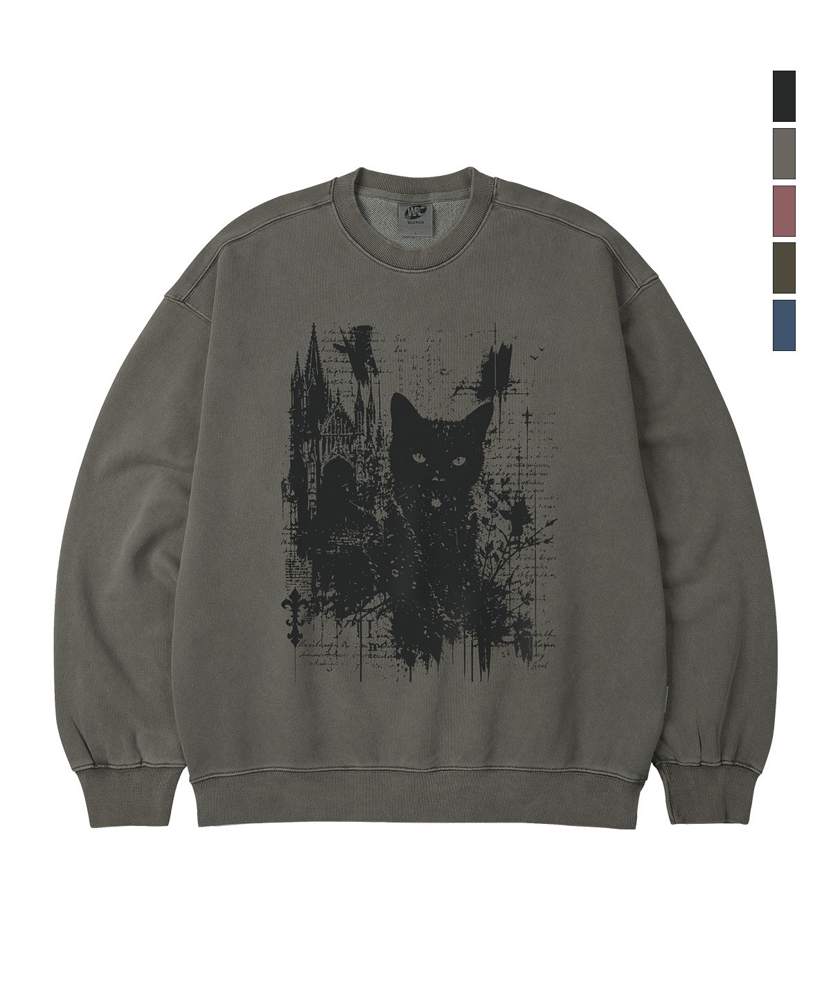 와일드락(WILDROCK) Gothic Castle Cat 피그먼트 오버핏 맨투맨_5 COL