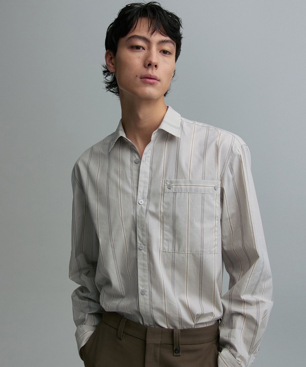 리이 맨(RERHEE MEN) STRIPED POCKET SHIRT BEIGE STRIPE