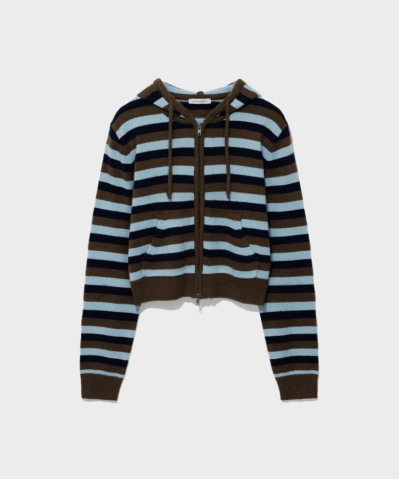 STRIPED ZIP-UP HOODIE SWEATER_BROWN [LC263KN03BR]