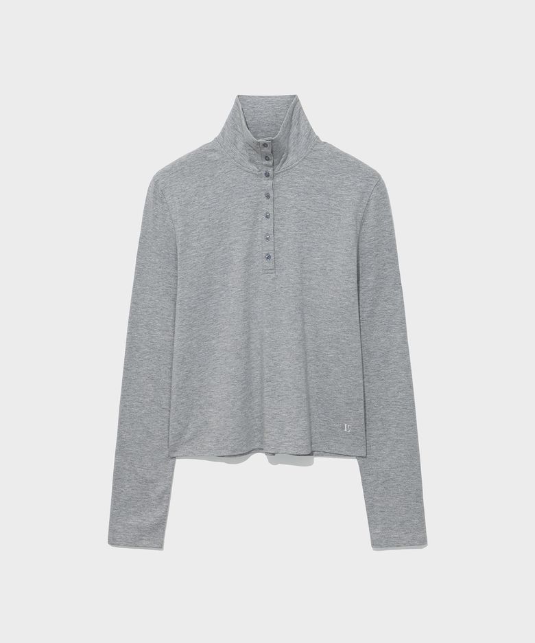 BUTTONED HIGH-NECK TEE_MELANGE GREY [LC263TS09MG]
