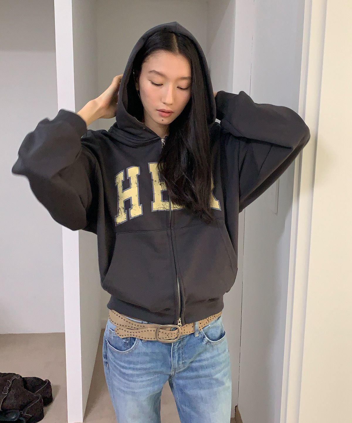 히어리(HEEARI) HER 오버사이즈 후드집업_차콜