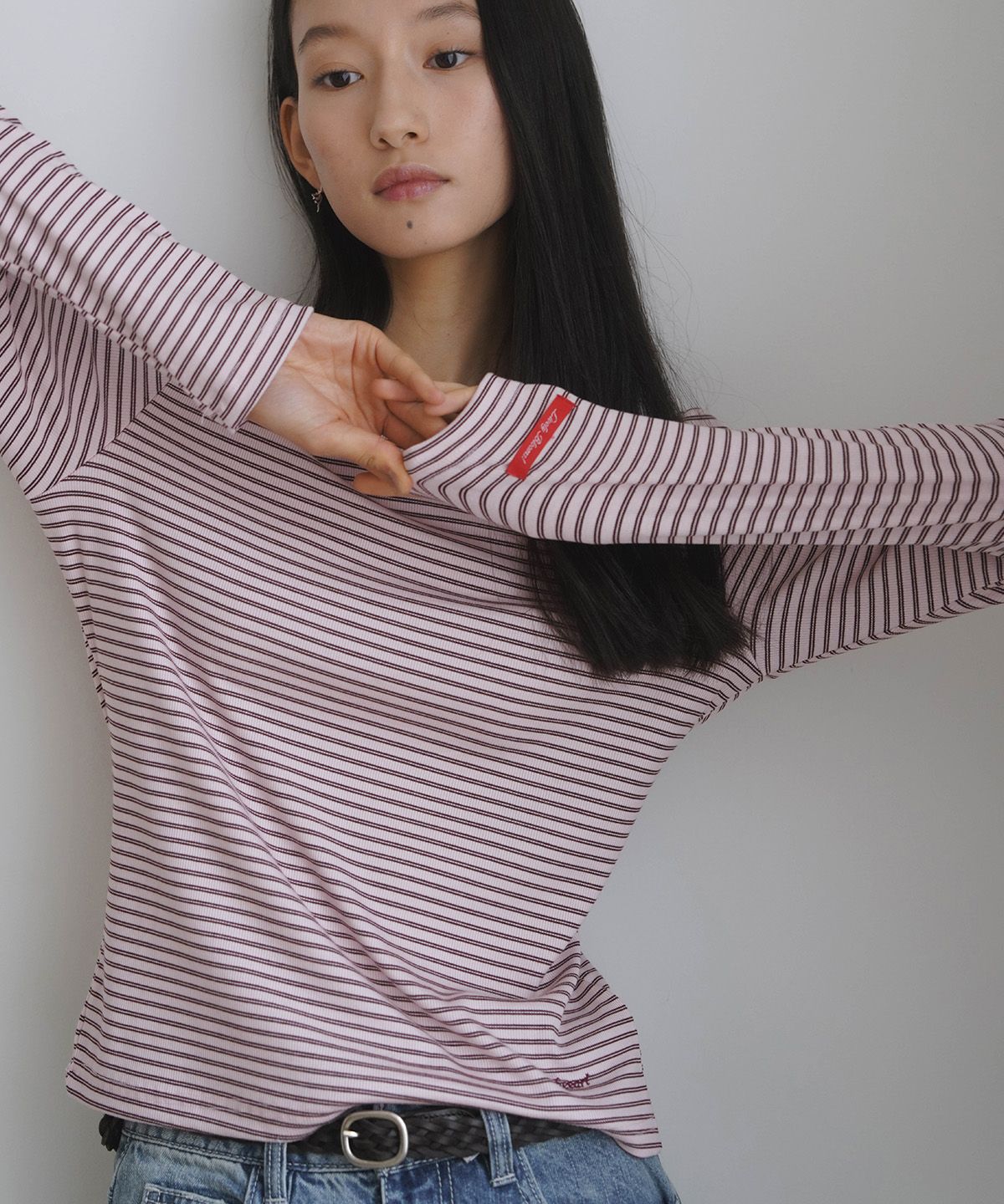 히어리(HEEARI) 제인 베이직 골지 롱슬리브_핑크스트라이프