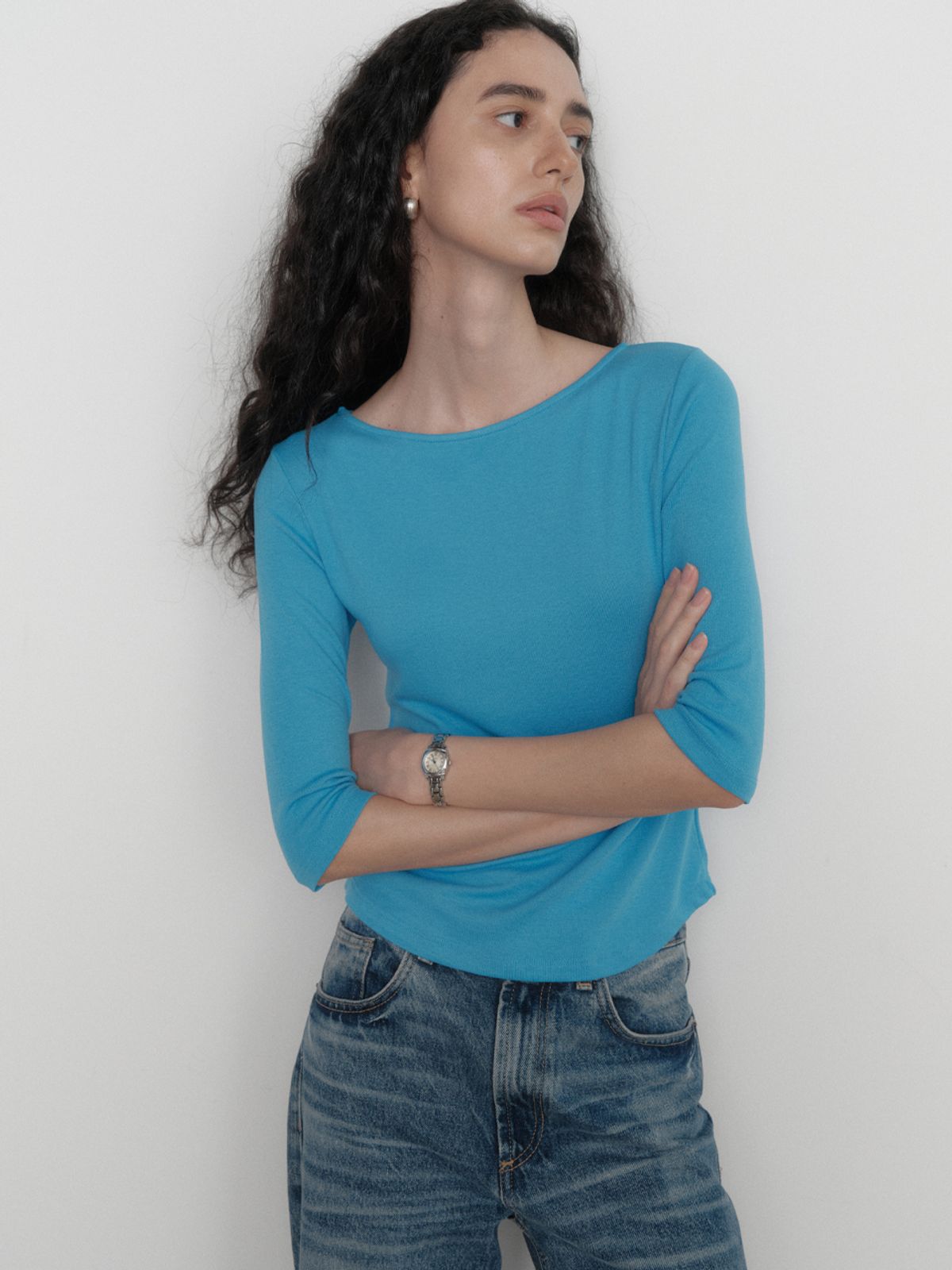 소플러(SOFLER) KAIA BOAT NECK 3/4 SLEEVE T-SHIRT_BLUE