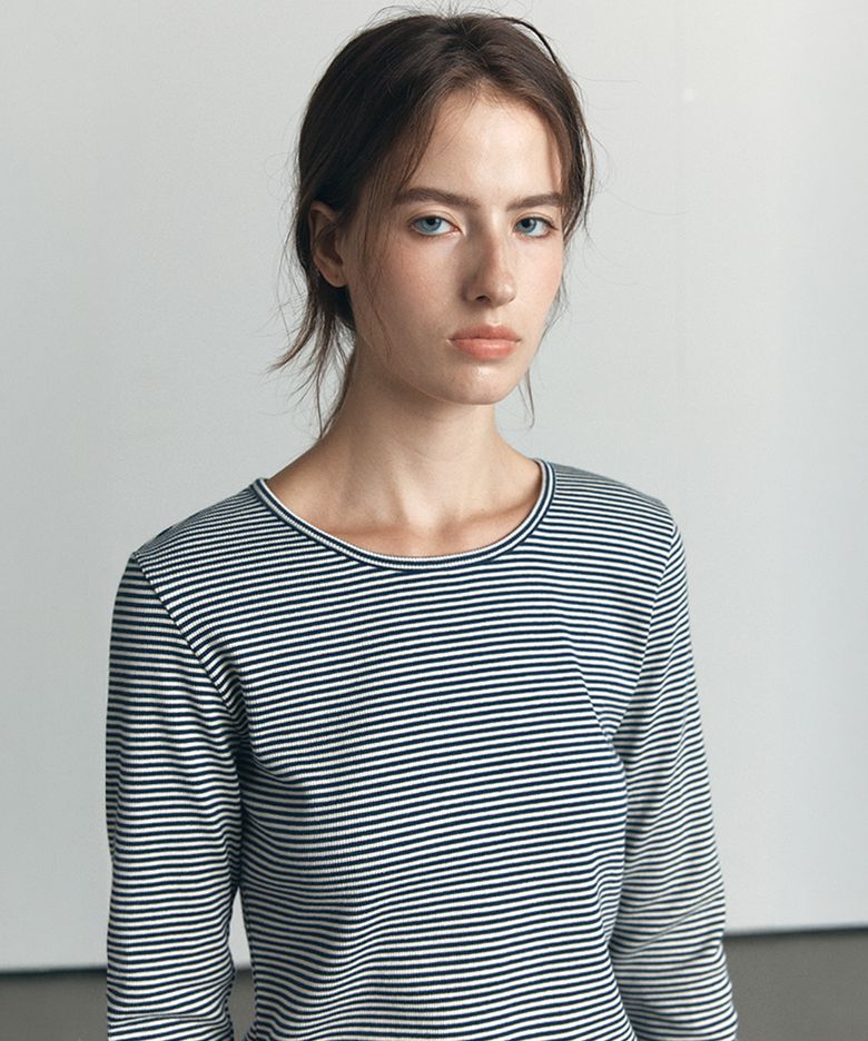 Soft ribbed basic longsleeve T-shirt [KNFW06TS22]_Navy stripe