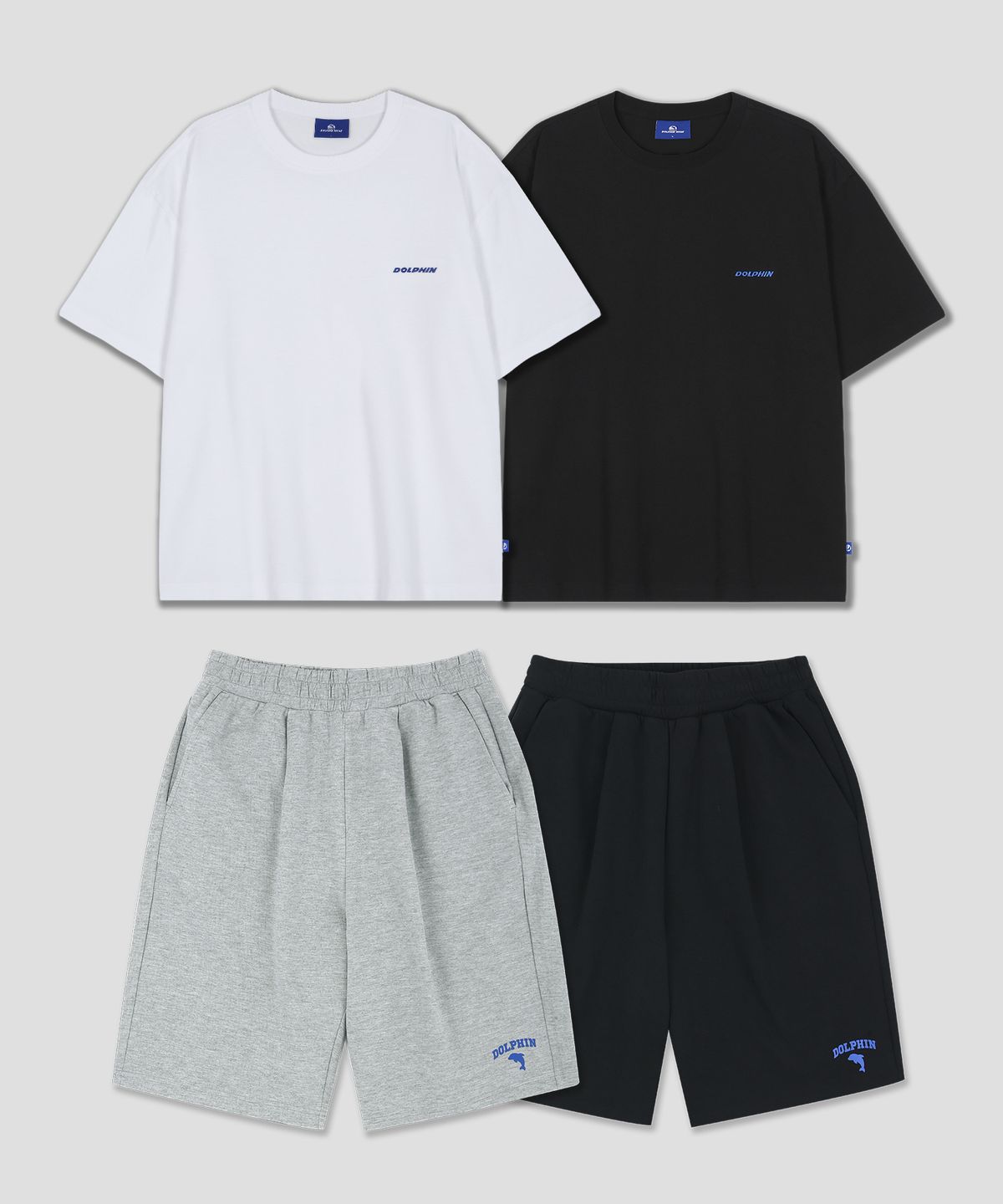 돌핀웨이브어패럴(DOLPHIN WAVE APPAREL) [세트] 돌핀 자수 로고 반팔 티셔츠 + 원턱 스웨트 하프 쇼츠