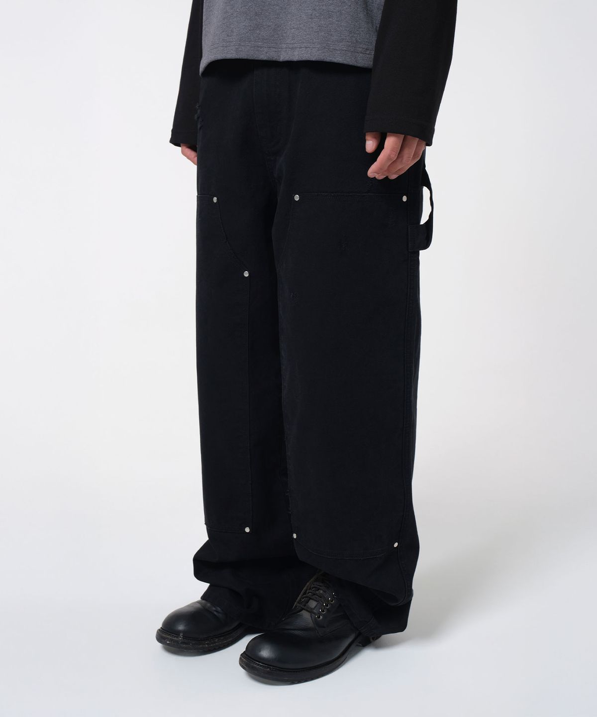 다이브인(DIVEIN) DAMAGED OXFORD DOUBLE KNEE PANTS (BLACK)