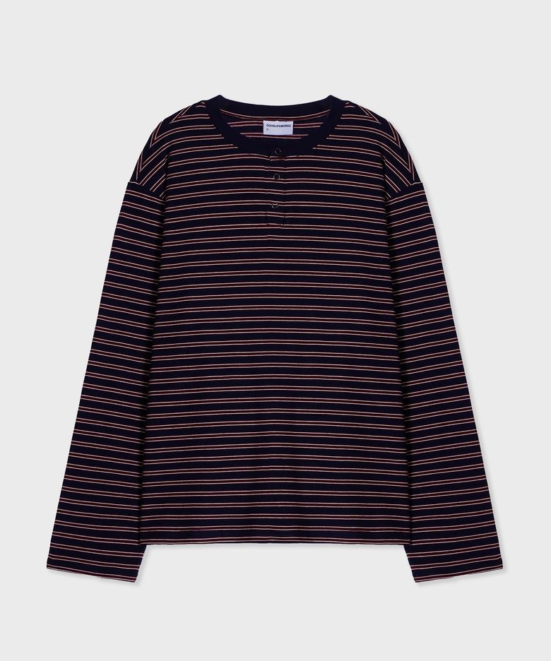 [unisex] 스트라이프 헨리넥 롱슬리브티 와인