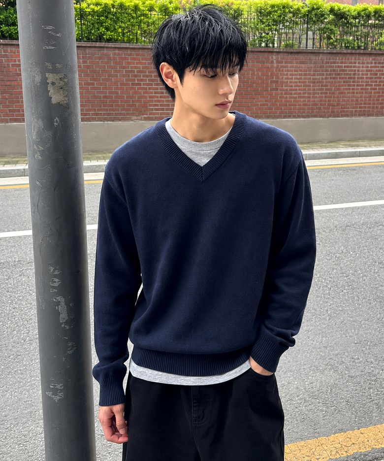 소프트 터치 크롭 브이넥 니트 네이비