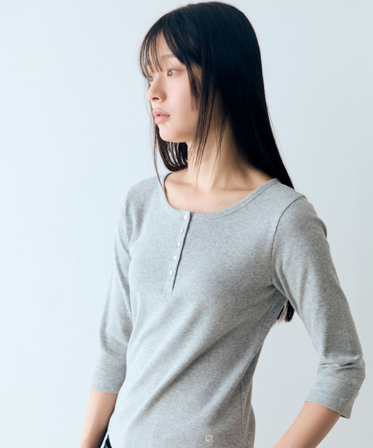 나우(nau) W 골지 7부 티셔츠 Melange Gray