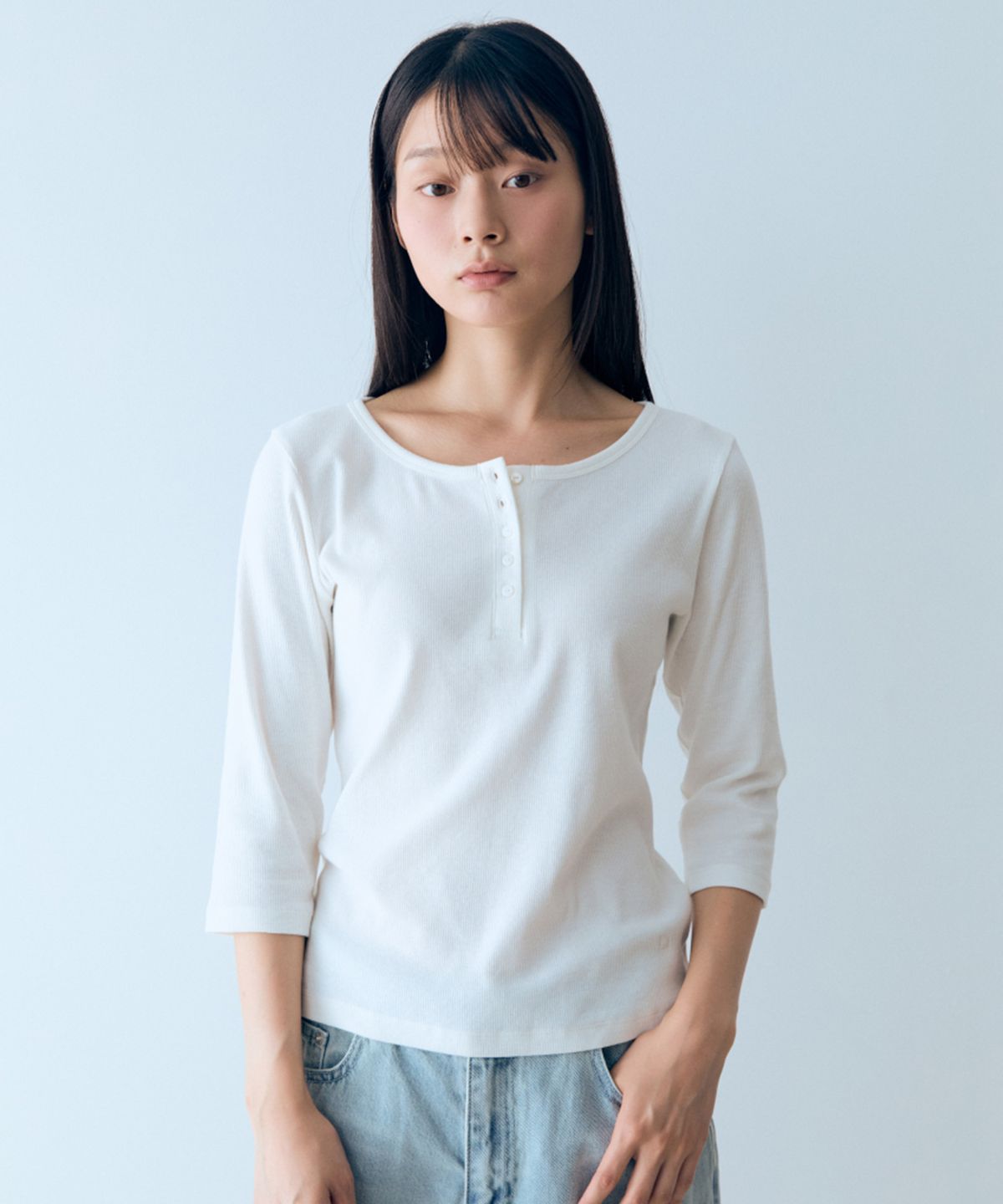 나우(nau) W 골지 7부 티셔츠 White